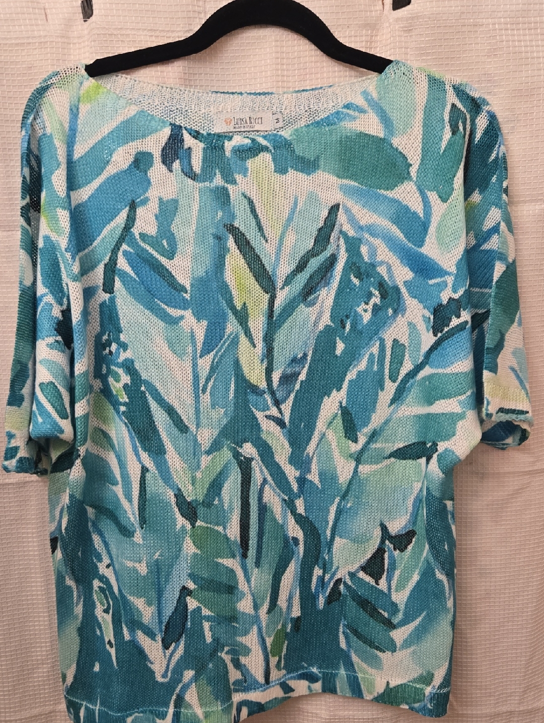 Luisa Ricci Teal Aqua Leaf Print Knit Top Short Sleeve Lightweight Size M